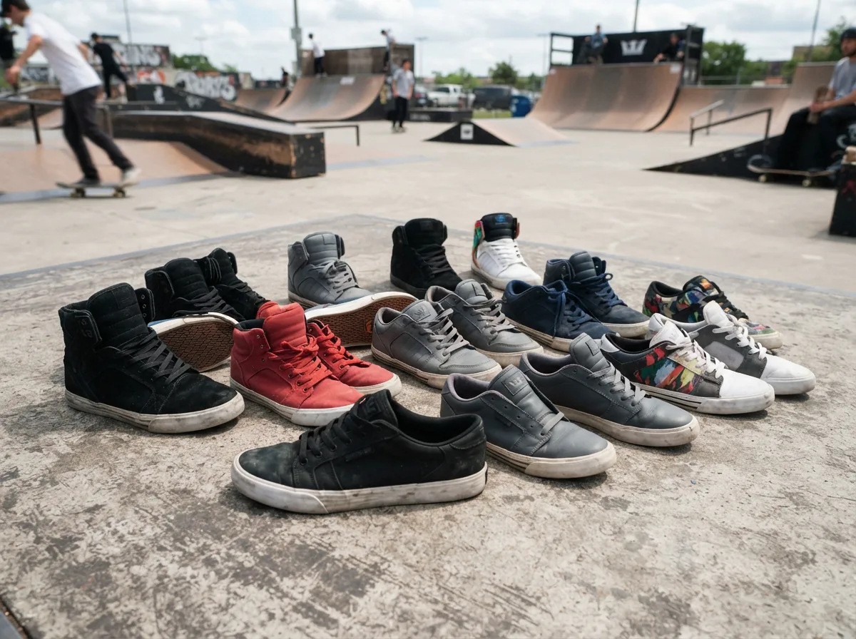 Comparison of Supra Vaider high-top and low-top sneakers on a skate park ramp