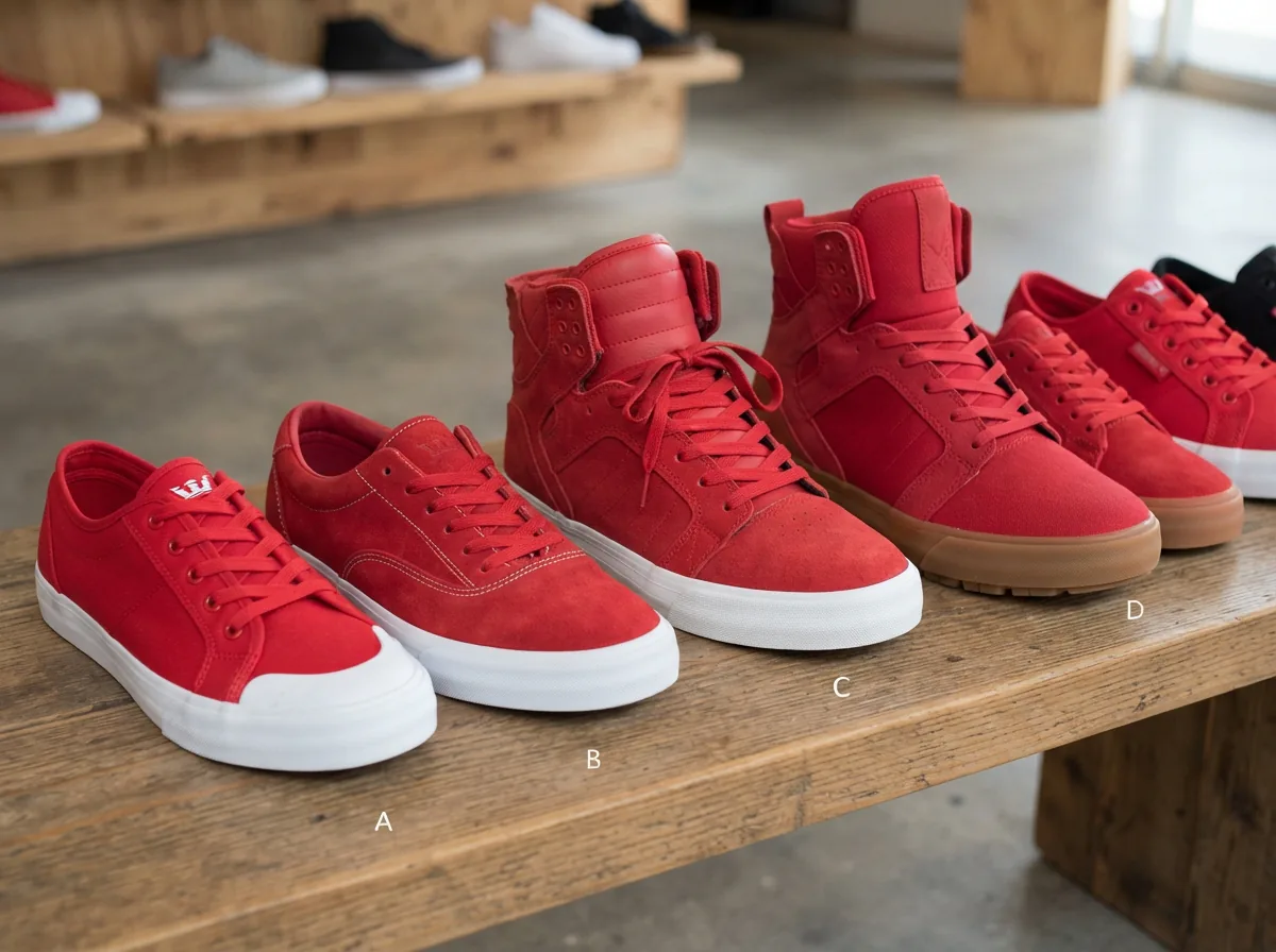 Supra red sneakers displayed for comparison, showing different silhouettes and sole types.