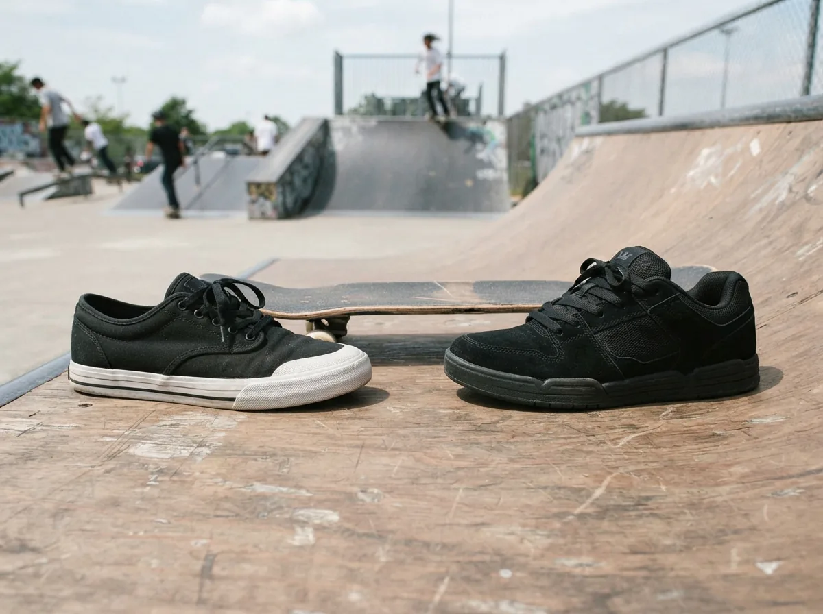 Side-by-side comparison of vulcanized and cupsole Supra skate shoes on a skate ramp.