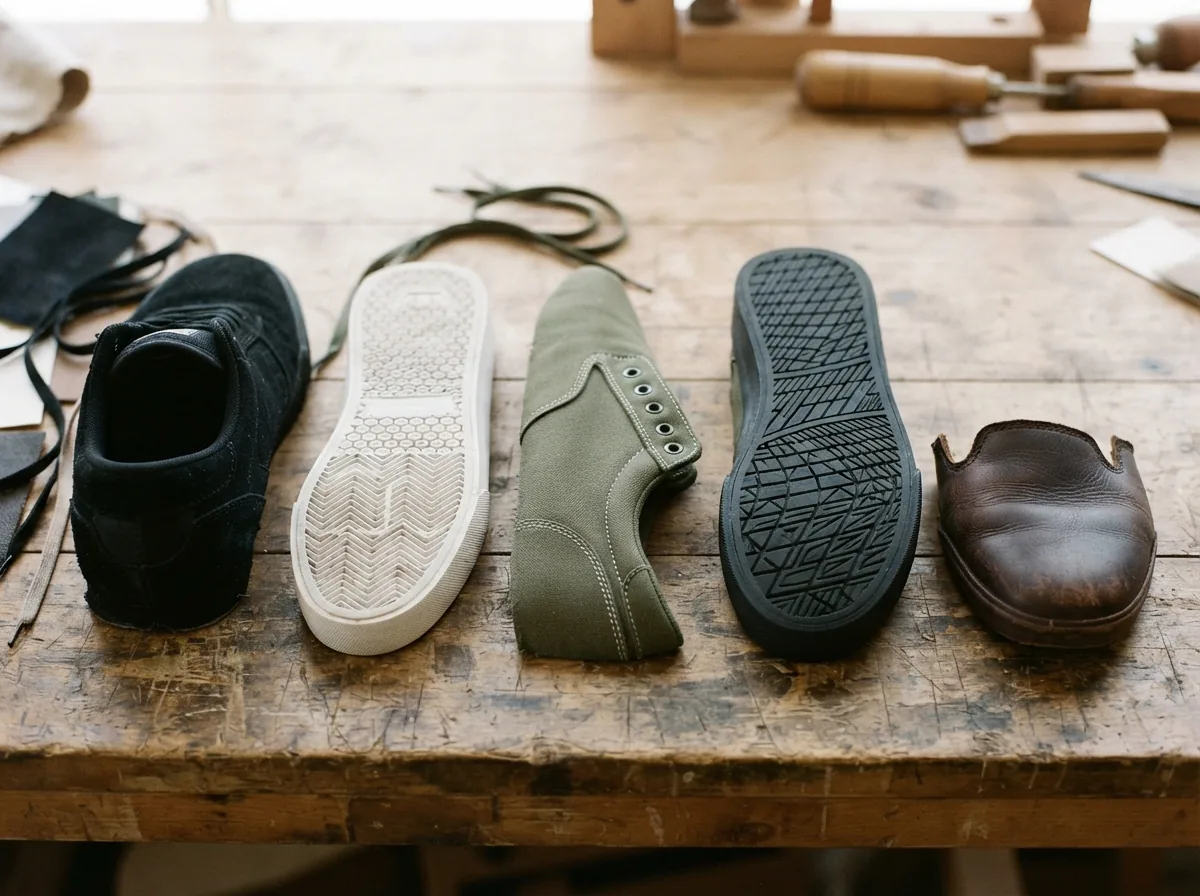 Visual comparison of Supra shoe soles and materials on a table.