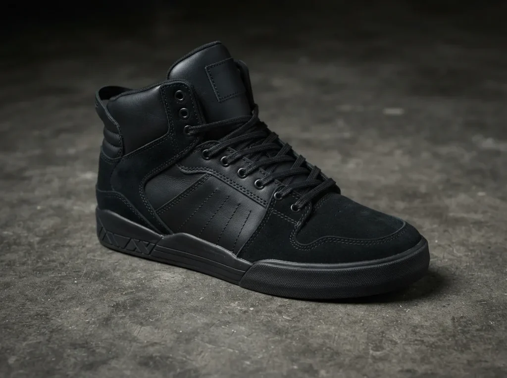 Close-up of the Supra Skytop 111 sneaker's black upper and sole, highlighting stitching and material texture.