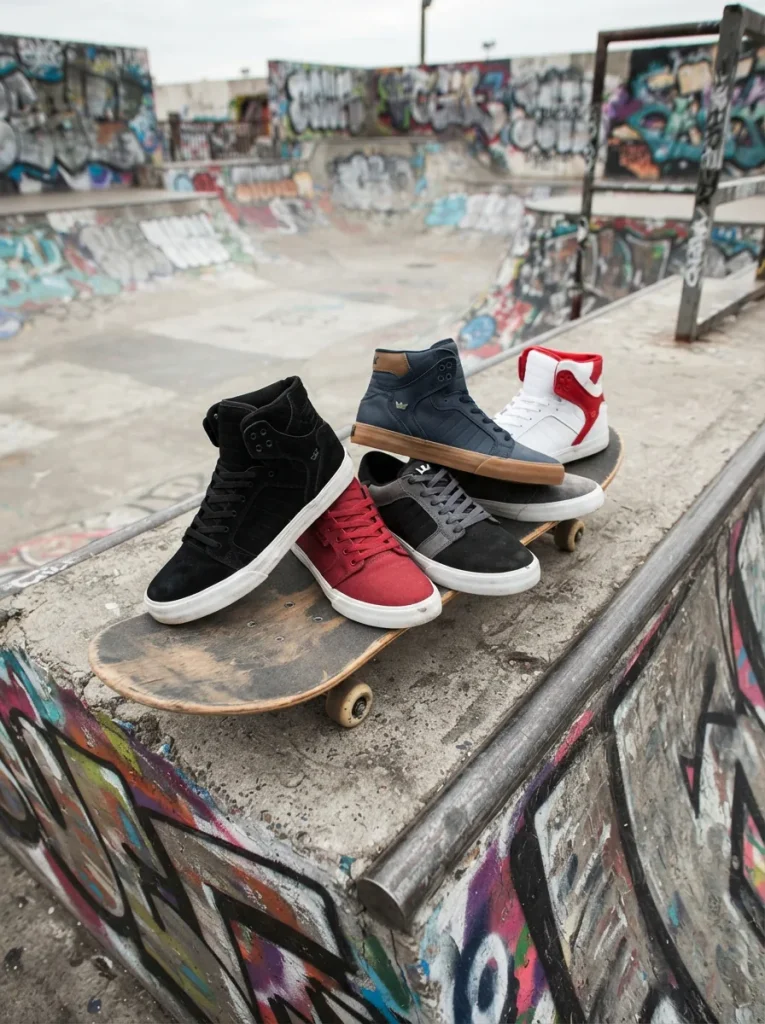 Array of Supra Vaider sneakers in a skate park setting with ramps and urban elements
