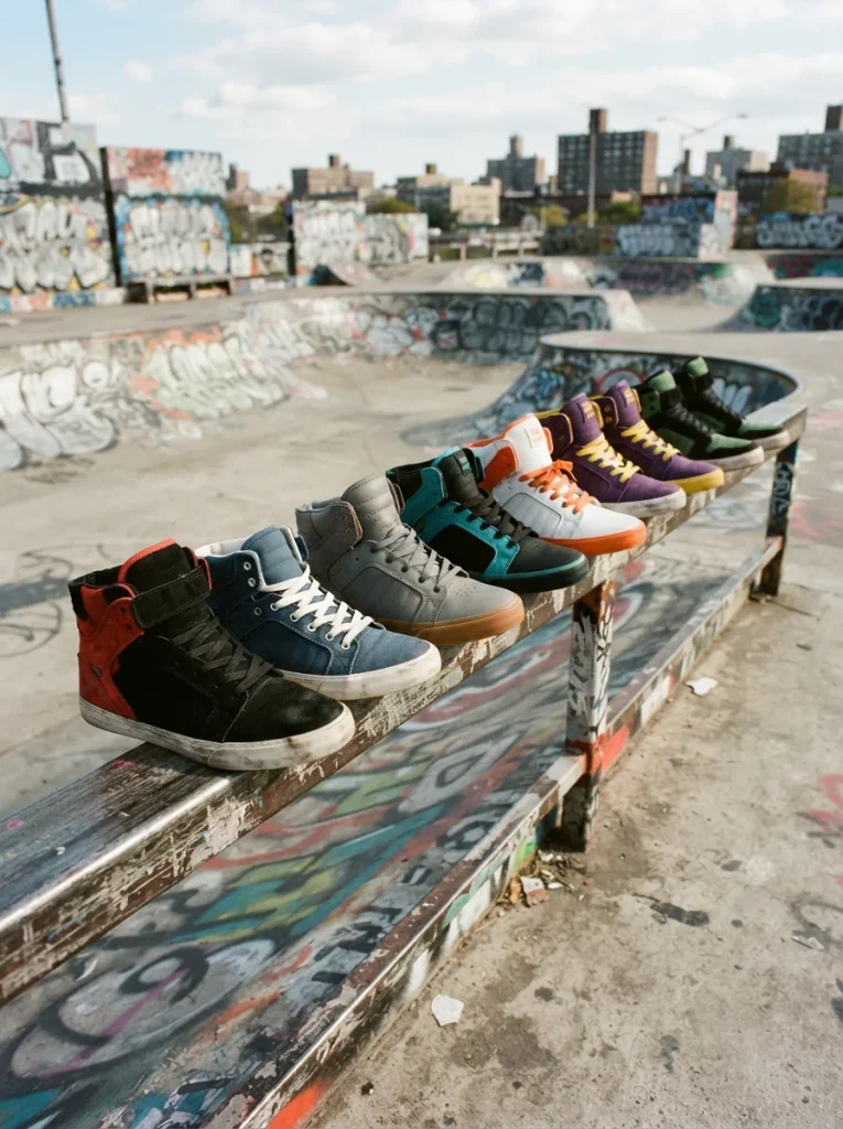 A collection of Supra Vaider sneakers displayed on a skatepark rail with urban backdrop.