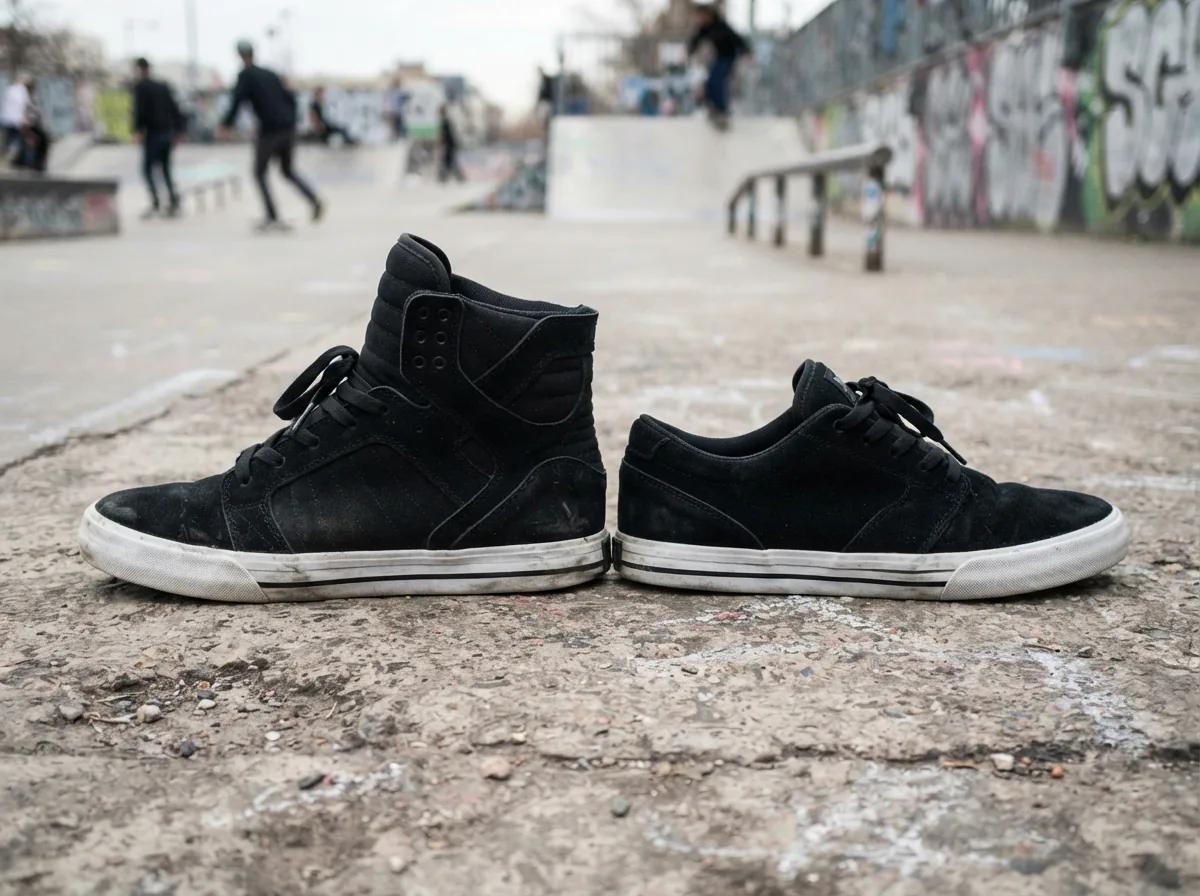 Side-by-side comparison of black high-top and low-profile Supra sneakers on urban pavement