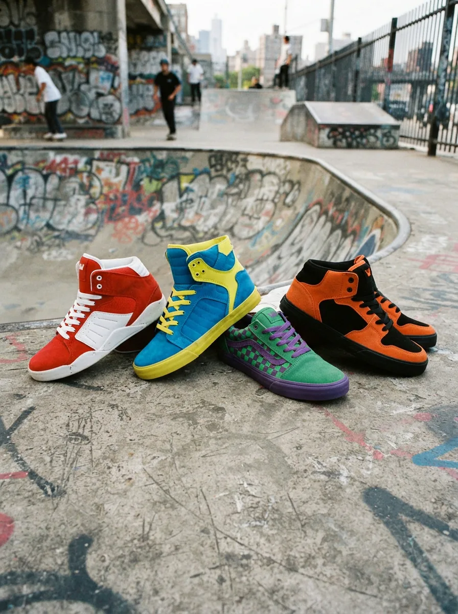Assortment of Supra shoes displayed in a dynamic skate culture setting with urban elements