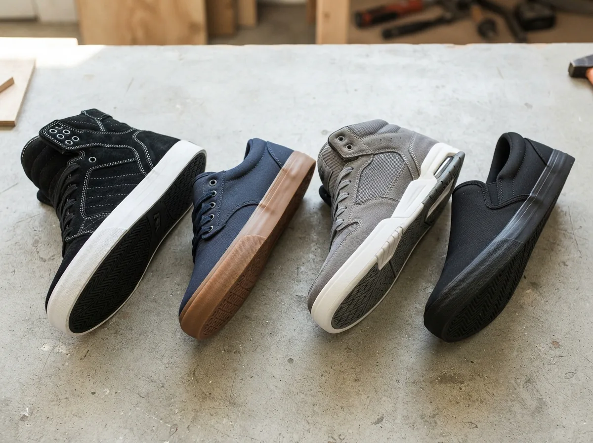 Comparative close-up of Supra shoe soles and uppers showing different materials and designs.