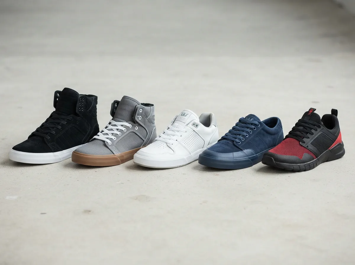 Layout of various Supra sneakers comparing design features and sole types
