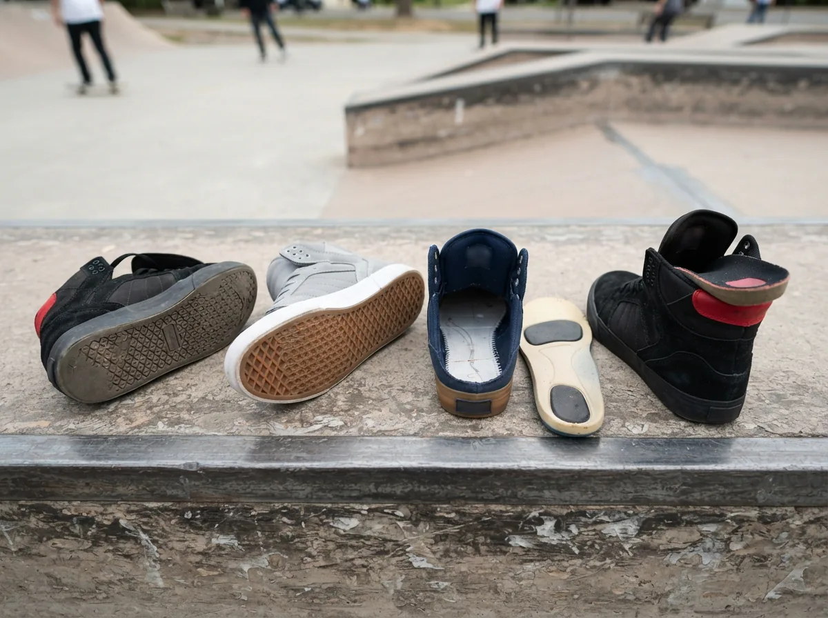 Comparison scene showing Supra Skytop II shoes with different grip patterns and cushioning details on a skatepark ledge.