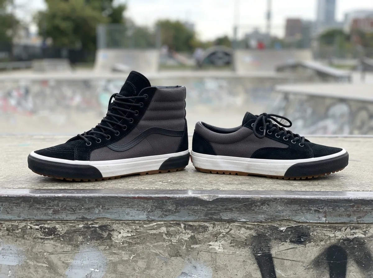 Side-by-side comparison of high-top and low-top Supra Vaider sneakers on a skate park ledge, showcasing different materials and colors.