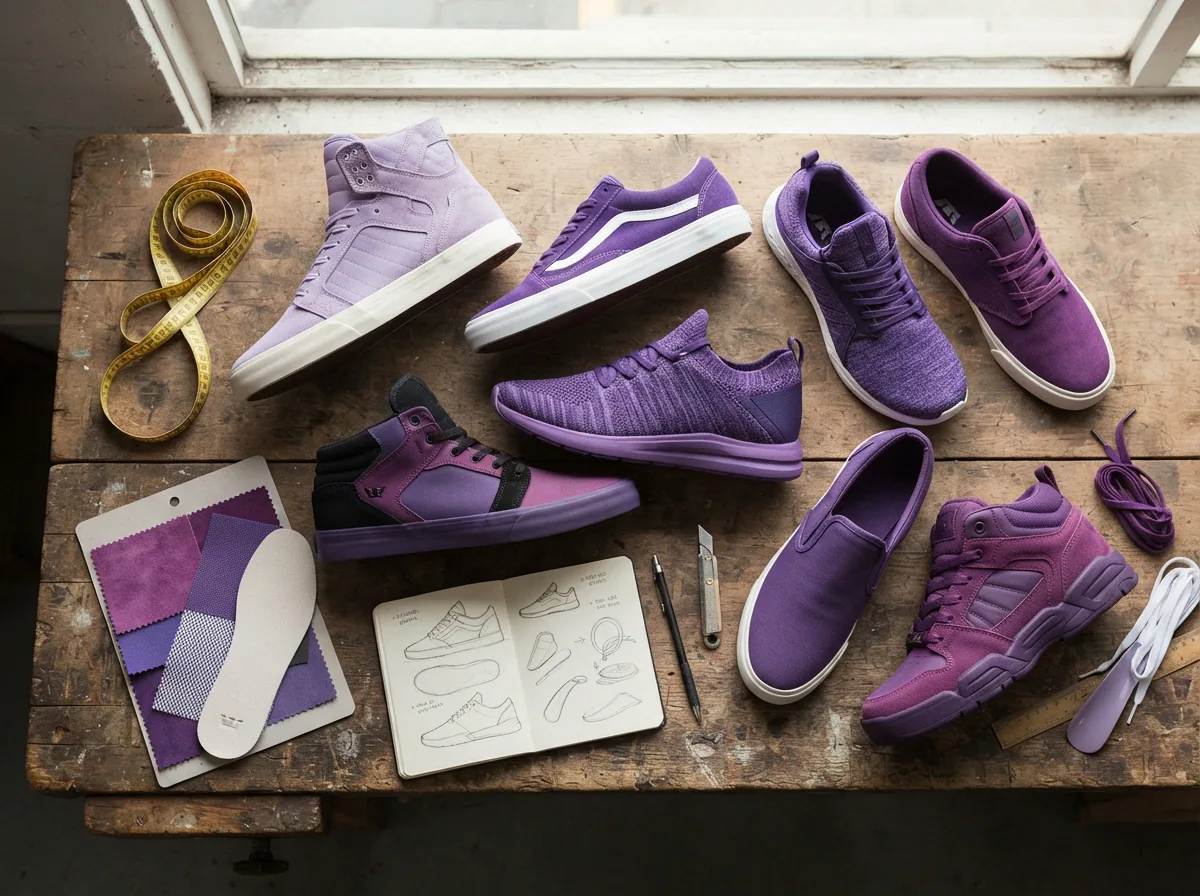 Comparison scene showing different purple Supra shoe types on a table with decision elements.