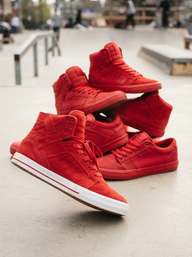 A vibrant display of various all-red Supra shoe models showcasing iconic designs against a stylish backdrop.