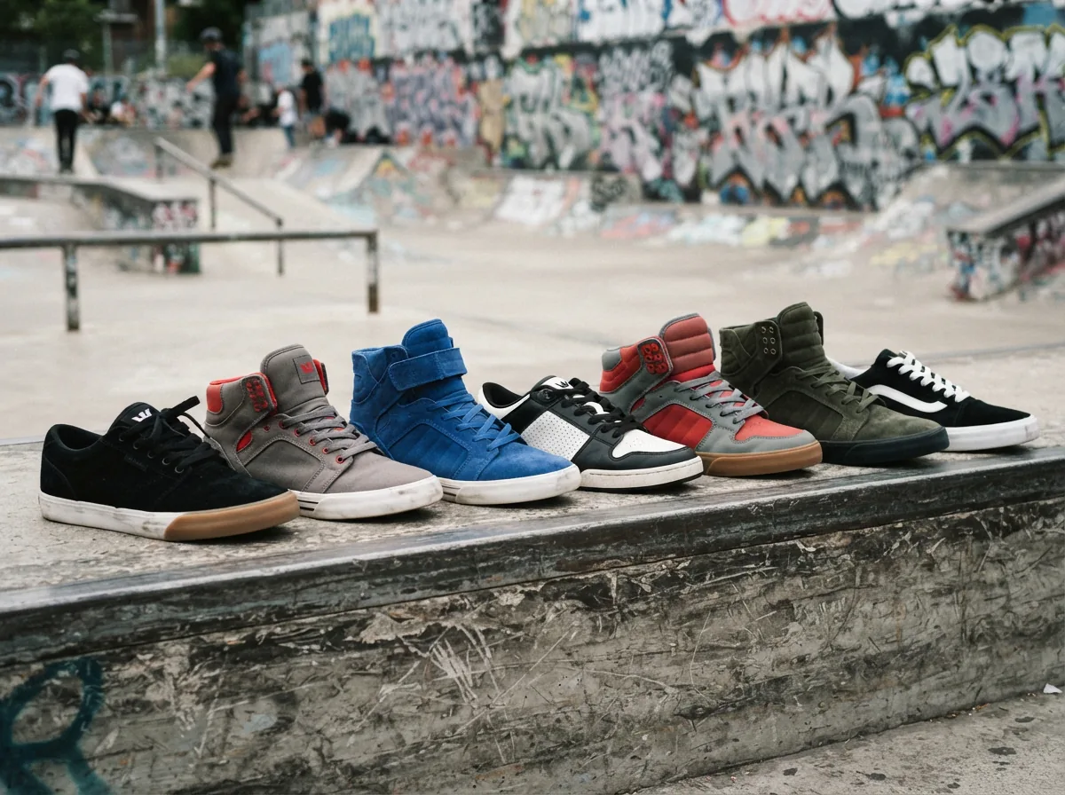 Array of Supra sneakers displayed on a concrete ledge with skate ramps in background