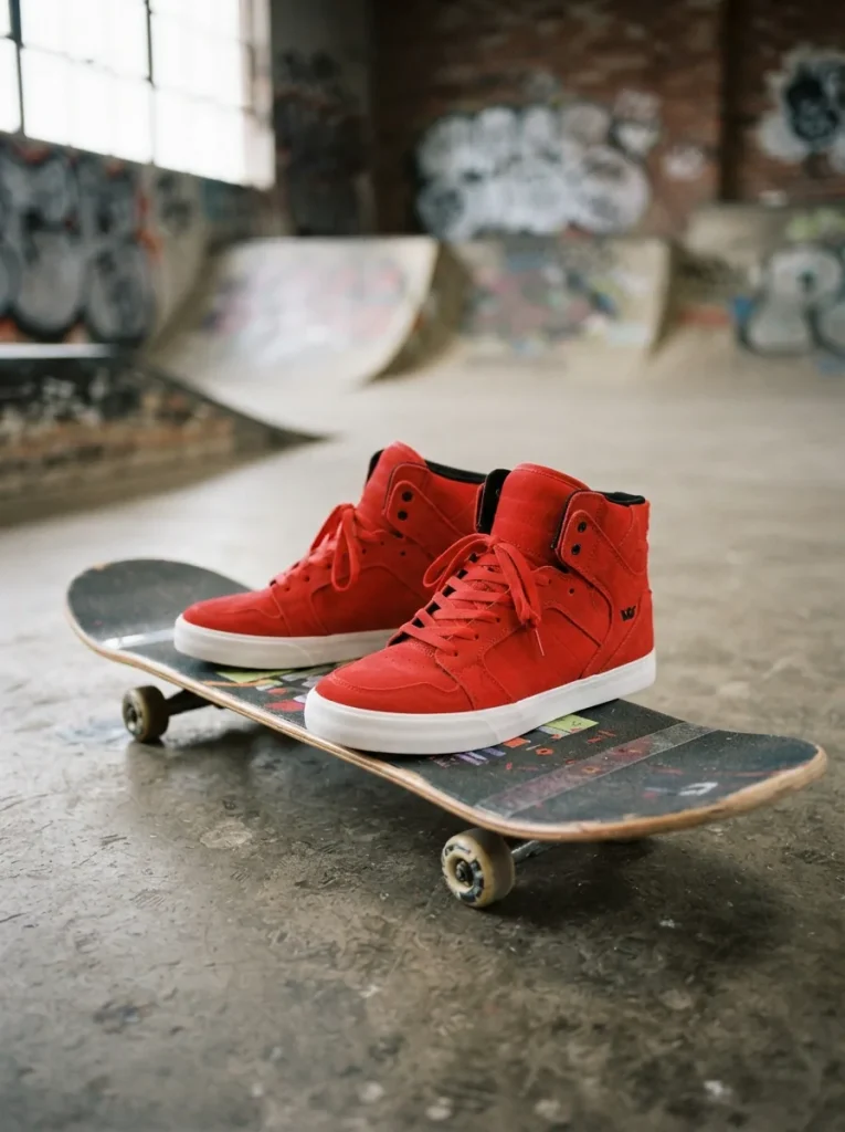 Assorted Supra red sneakers on a skateboard, showcasing vibrant designs for skate culture.