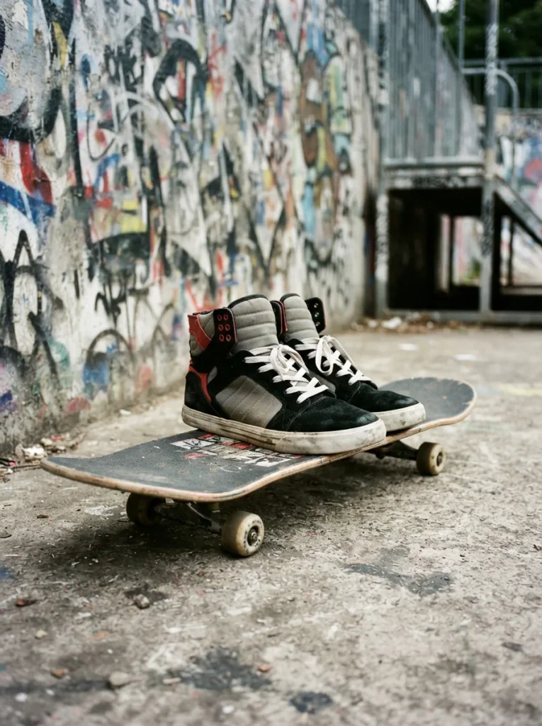 Supra Skytop sneakers displayed in a vibrant urban skate setting