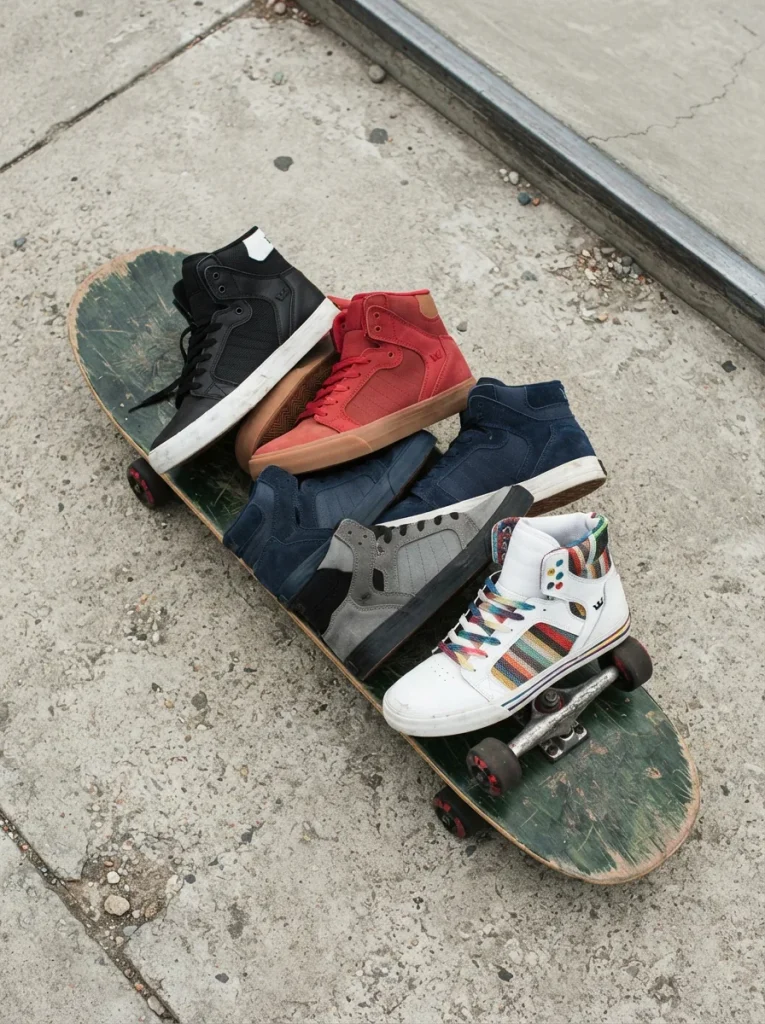 Diverse array of Supra Vaider sneakers arranged on a weathered skateboard, featuring various colors and styles in an urban setting.