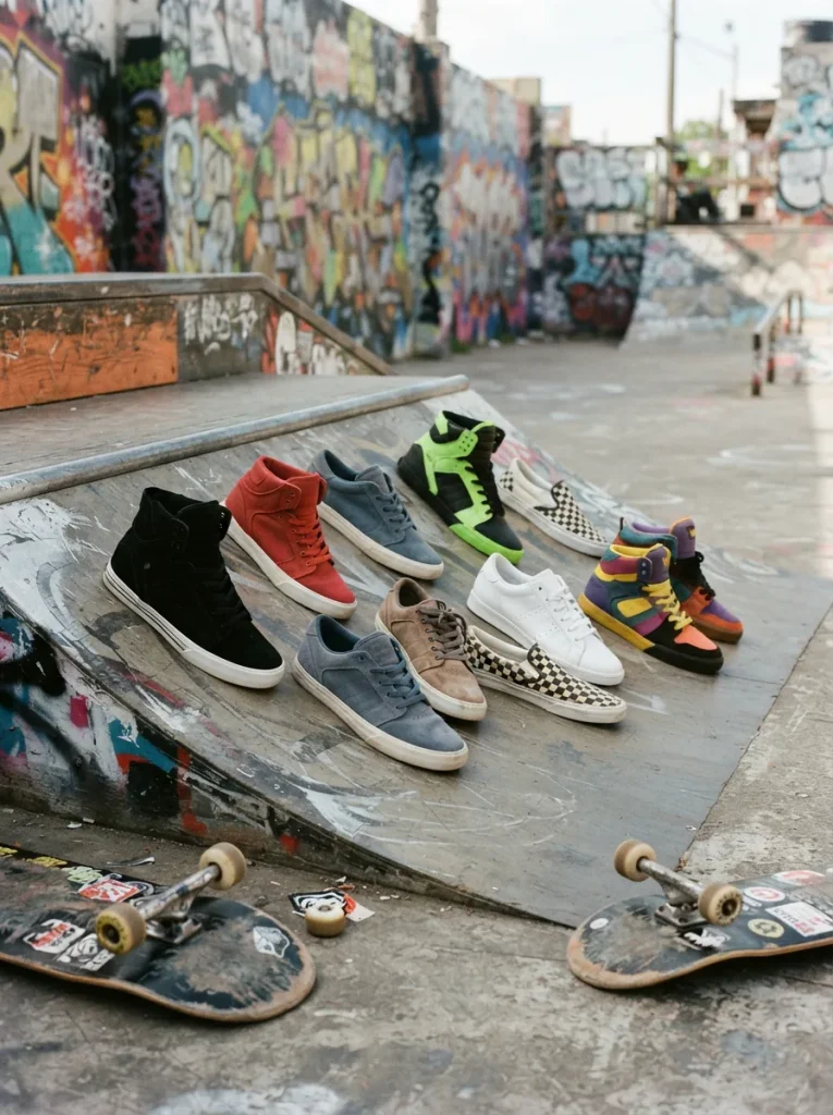 Supra sneakers collection showcased on a skatepark half-pipe