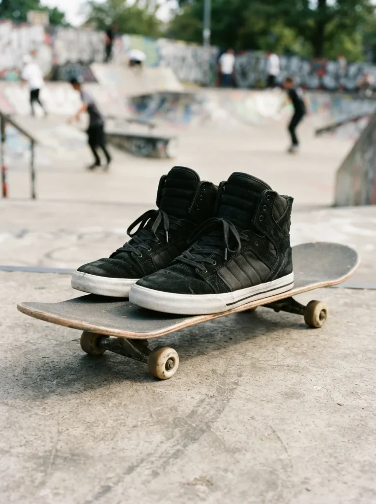 Supra Skytop II high-top sneakers displayed prominently in a skatepark environment with ramps and rails in the background.