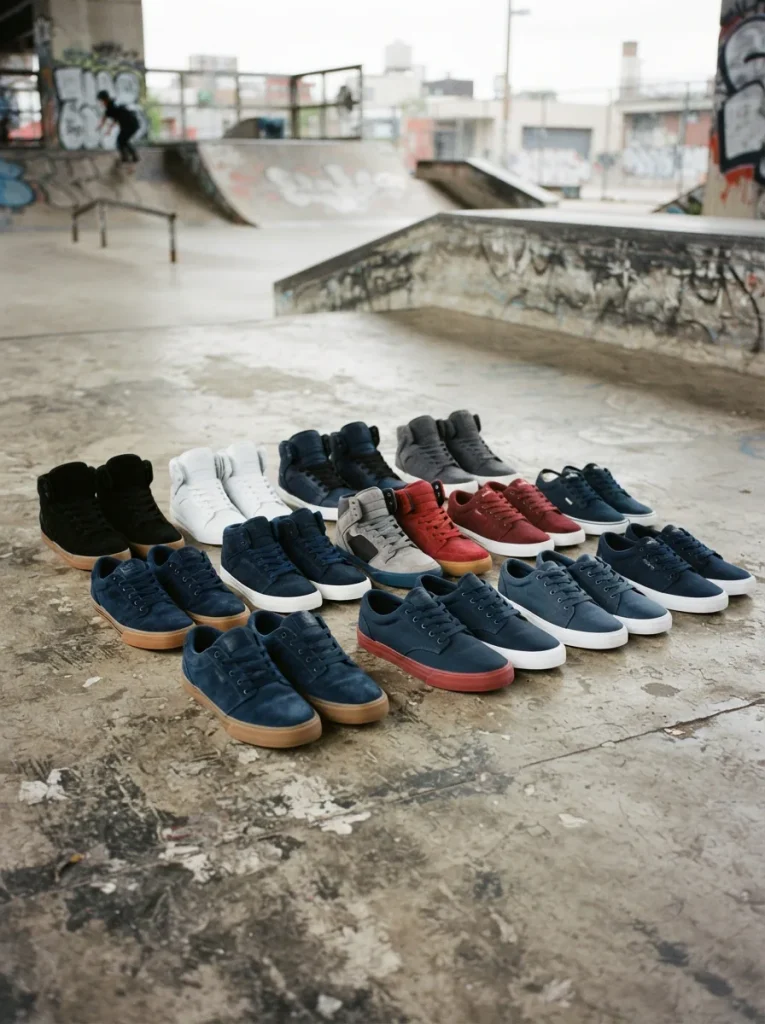 A vibrant collection of Supra men's sneakers displayed on a concrete surface with skate elements in the background.