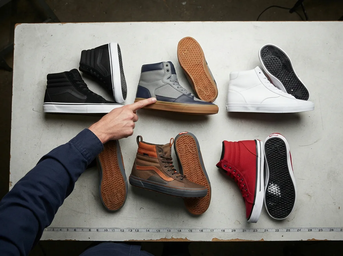 Side-by-side comparison of Supra Skytop shoe soles and uppers on a table.