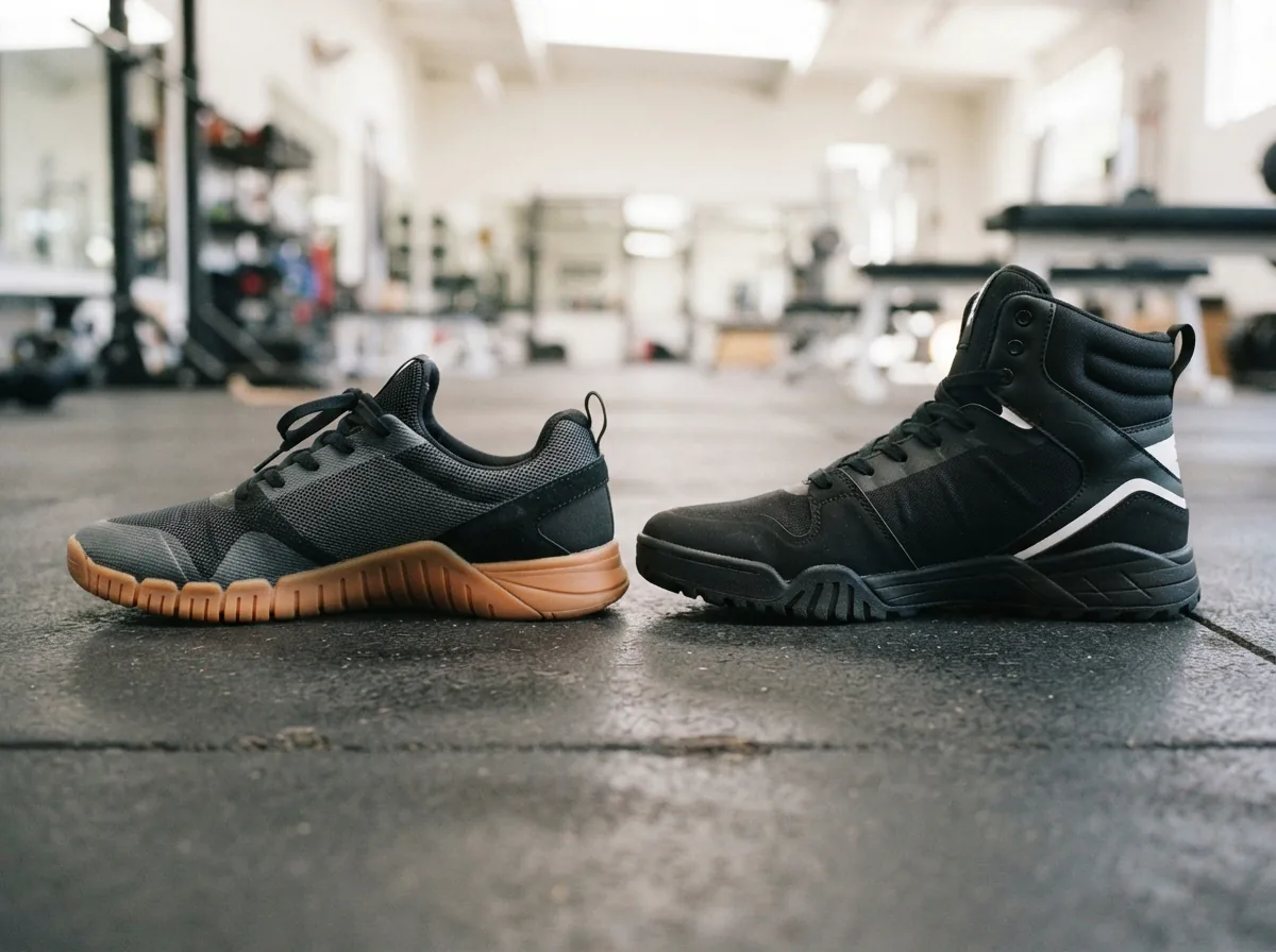 A comparison scene of Supra gym shoes with different sole types and ankle heights laid out on a gym mat.