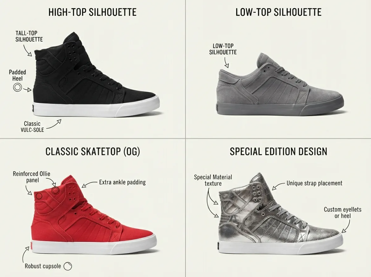 Illustration of different Supra Skytop sneaker silhouettes compared side by side.