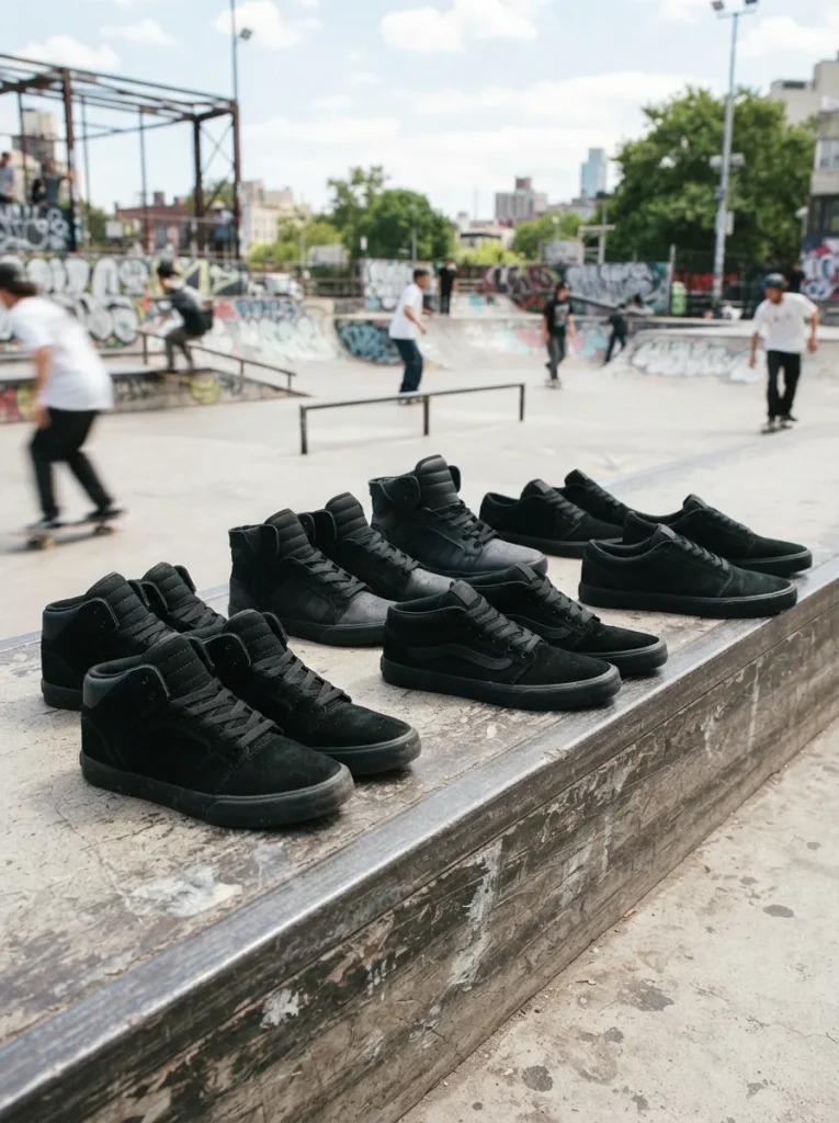 Collection of black Supra sneakers displayed on a concrete skate park ledge