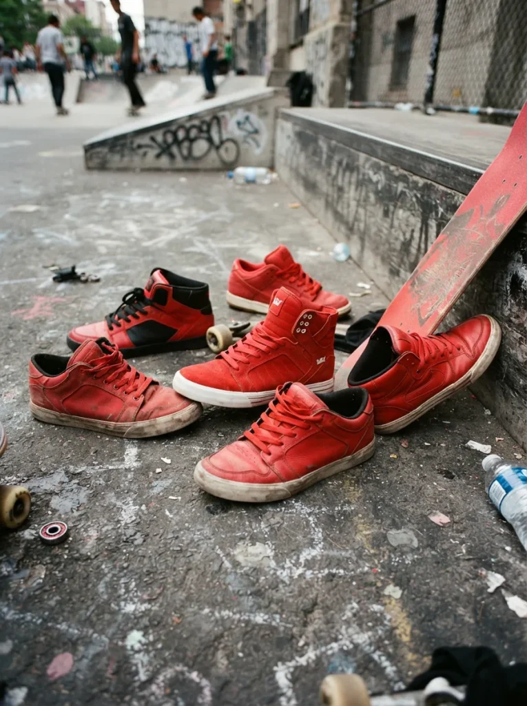 Vibrant red Supra sneakers and high-top shoes displayed on a skatepark ramp.