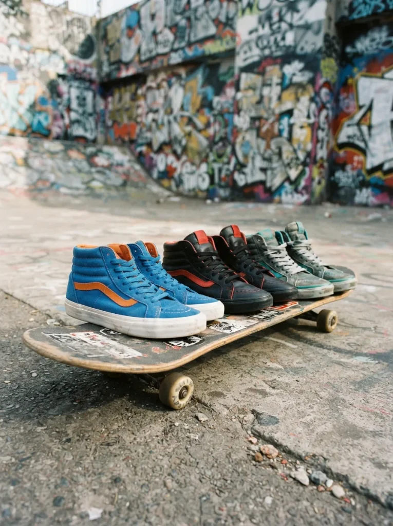 Supra high-top sneakers displayed in a street setting with skate culture elements.