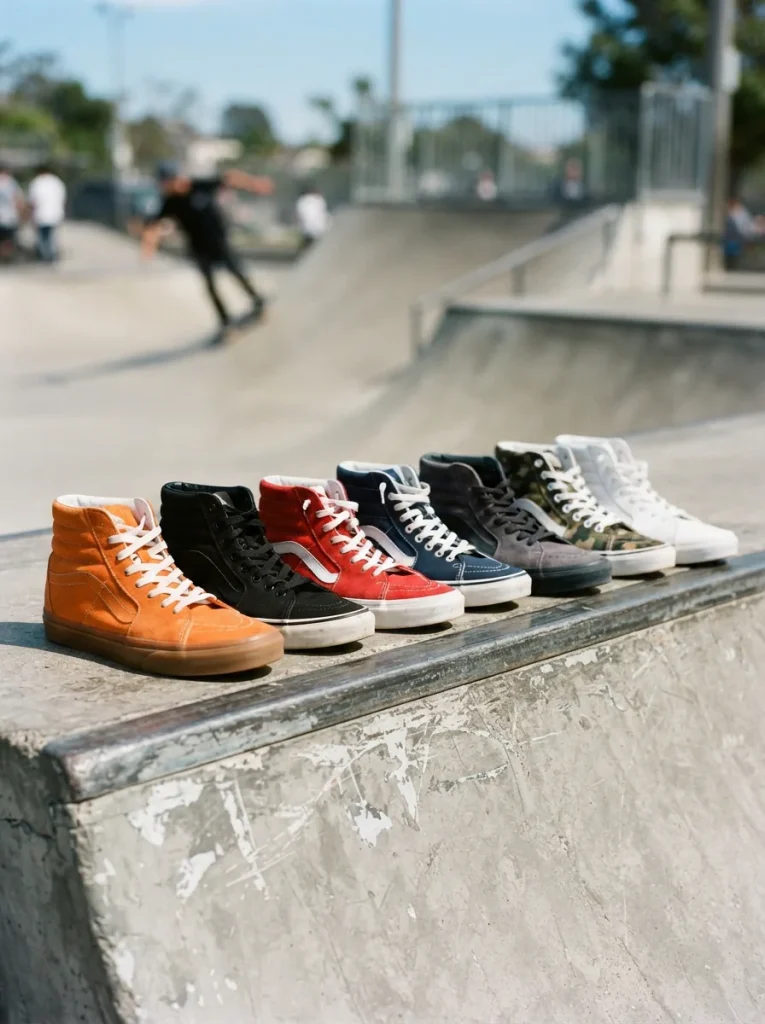 Assortment of Supra Vaider high-top sneakers displayed on a concrete skate park ledge.
