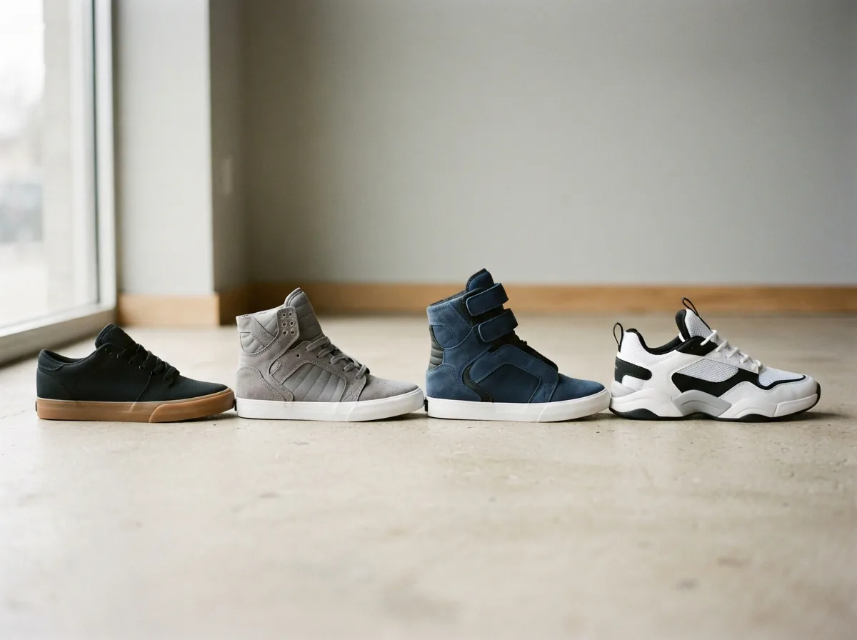 Assortment of Supra sneakers laid out to compare silhouettes and styles.
