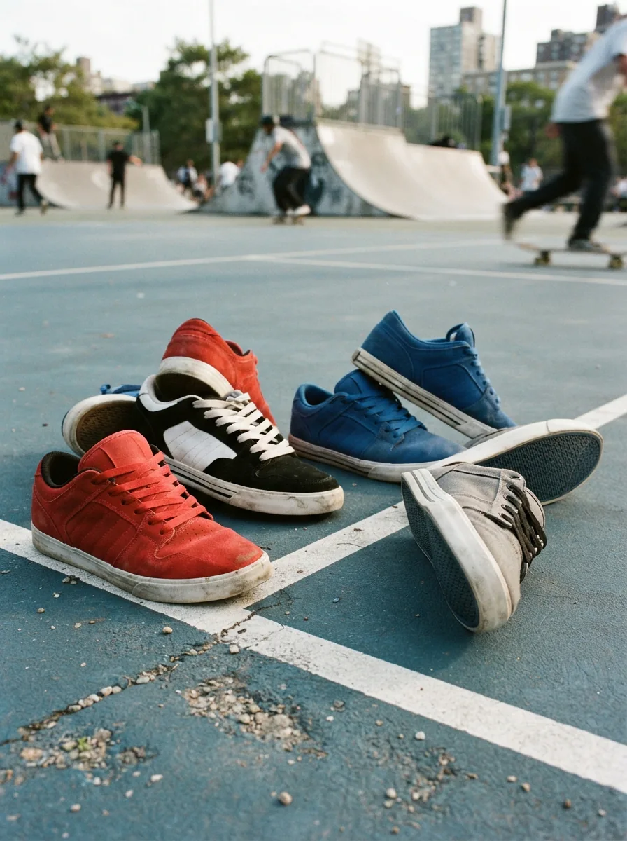 A vibrant array of Supra tennis shoes displayed on a tennis court with urban elements in the background