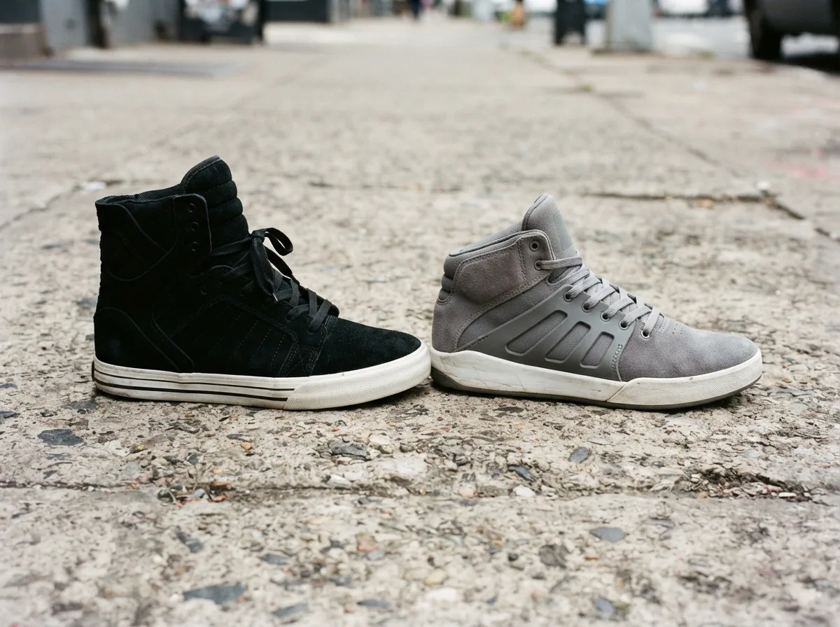 Two Supra Skytop sneakers on concrete, comparing high-top and mid-top profiles with visible sole differences.