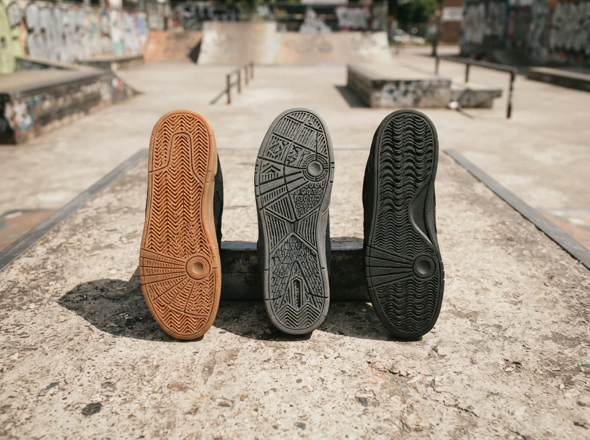 Side-by-side comparison of Supra shoe soles with different tread patterns on a concrete surface