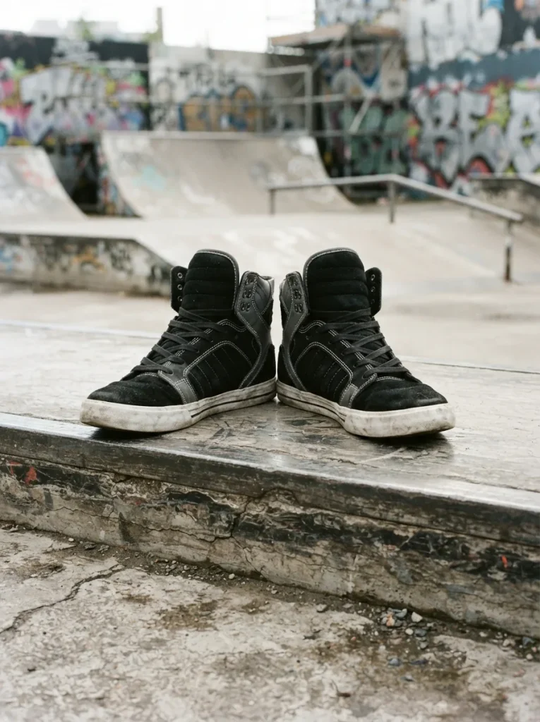 Supra Skytop high-top sneakers displayed on weathered skatepark concrete with urban graffiti background.