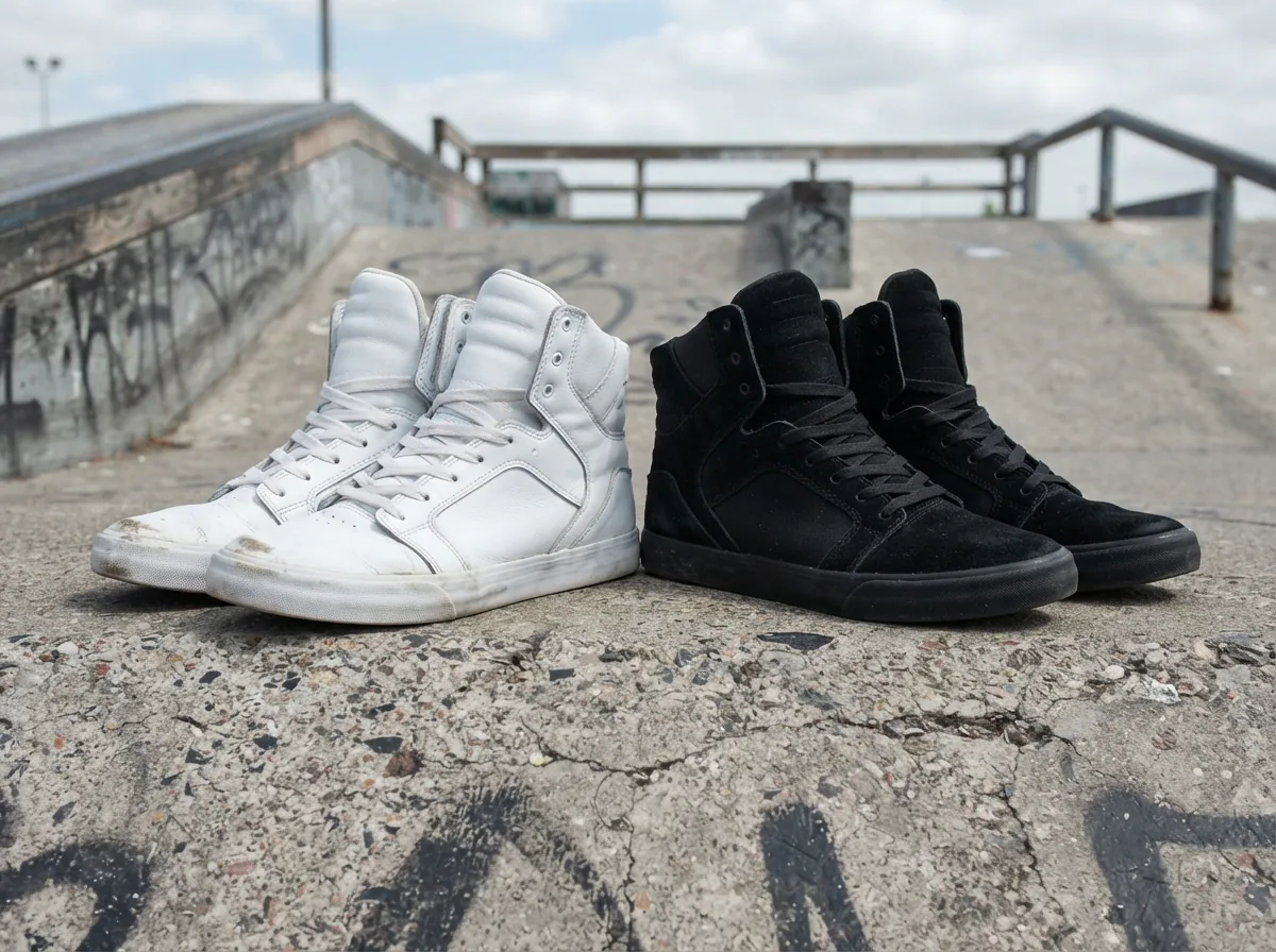 Two Supra Skytop 2 sneakers side by side on a skate park ramp, highlighting design differences.