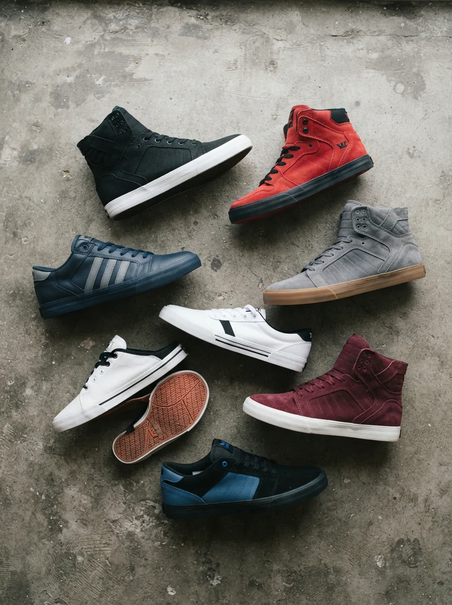 Array of Supra sneakers in various colors and styles on a concrete backdrop