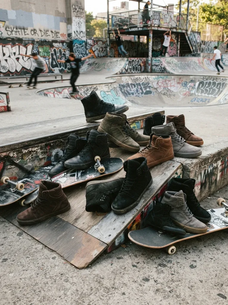 Collection of Supra boots displayed in an urban skate park setting with vibrant colors and designs.
