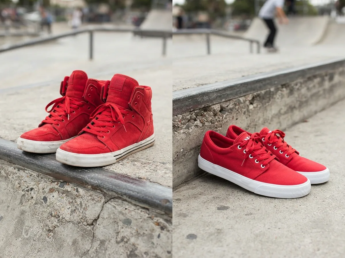 Comparison of red Supra high-top and low-top shoes on a skatepark surface.