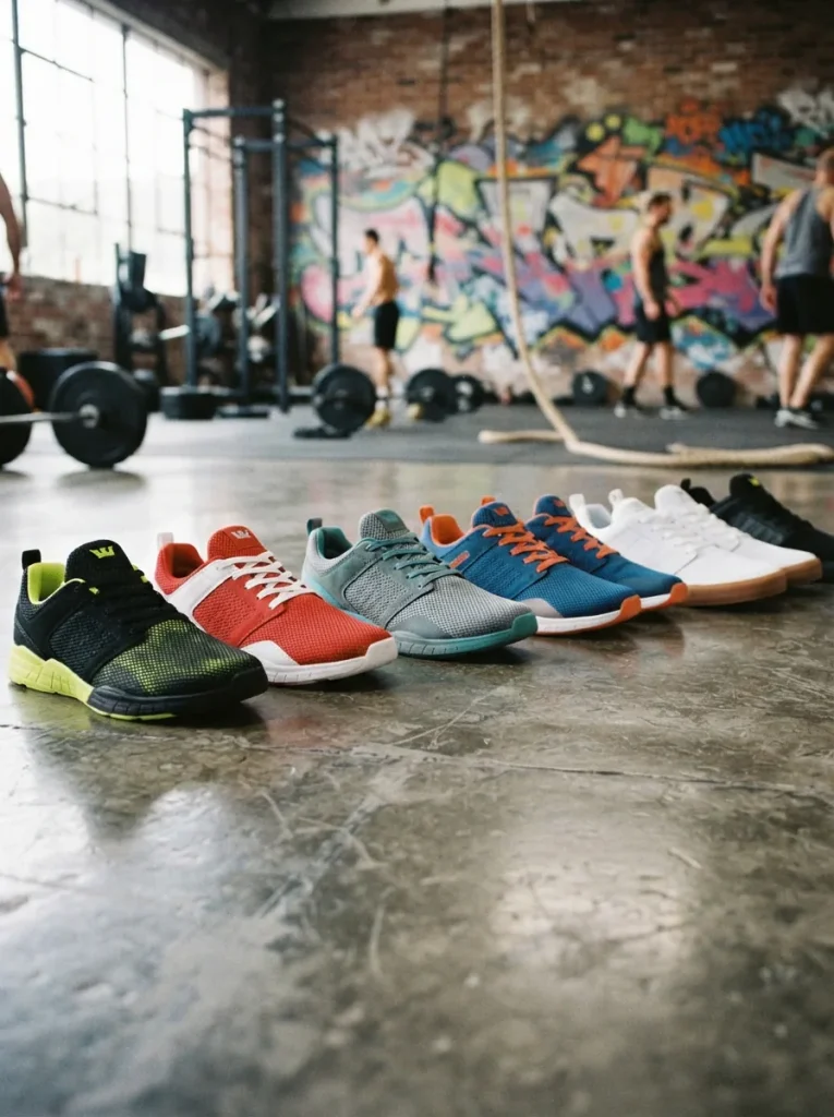 A dynamic display of Supra gym shoes in a modern fitness environment with abstract urban elements.