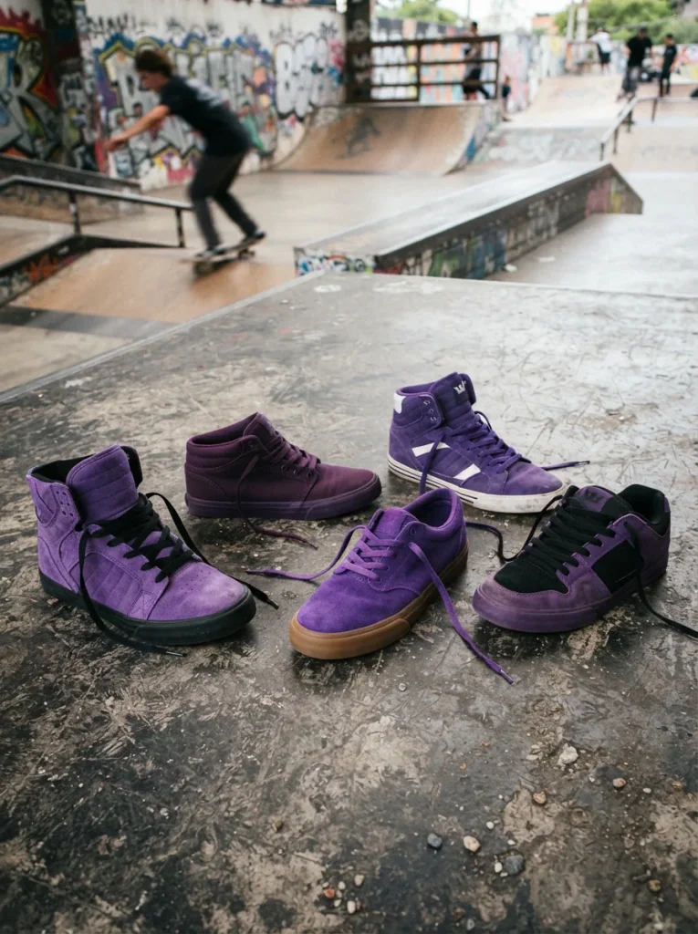 Assortment of purple Supra sneakers displayed on a concrete surface with skate park elements in the background.
