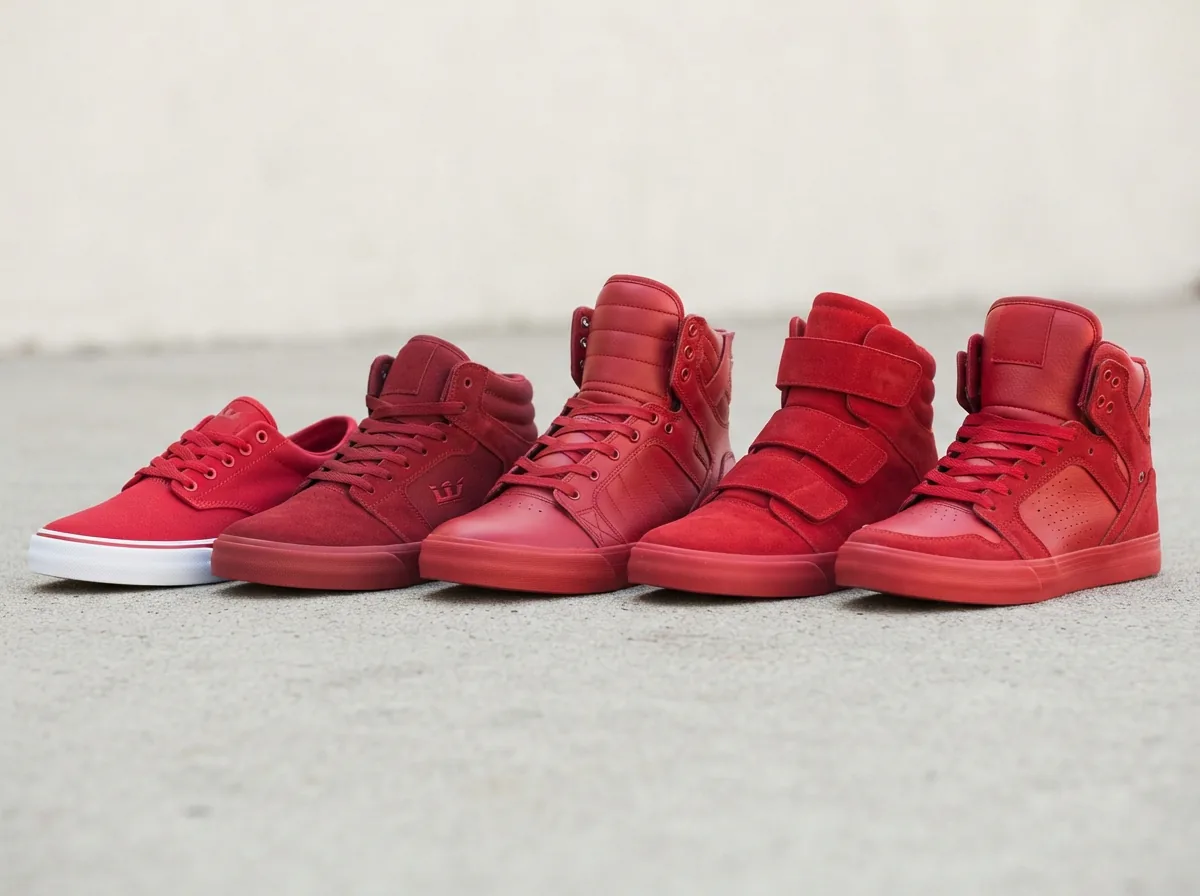 A collection of red Supra shoes arranged for comparison, showing different heights and materials.