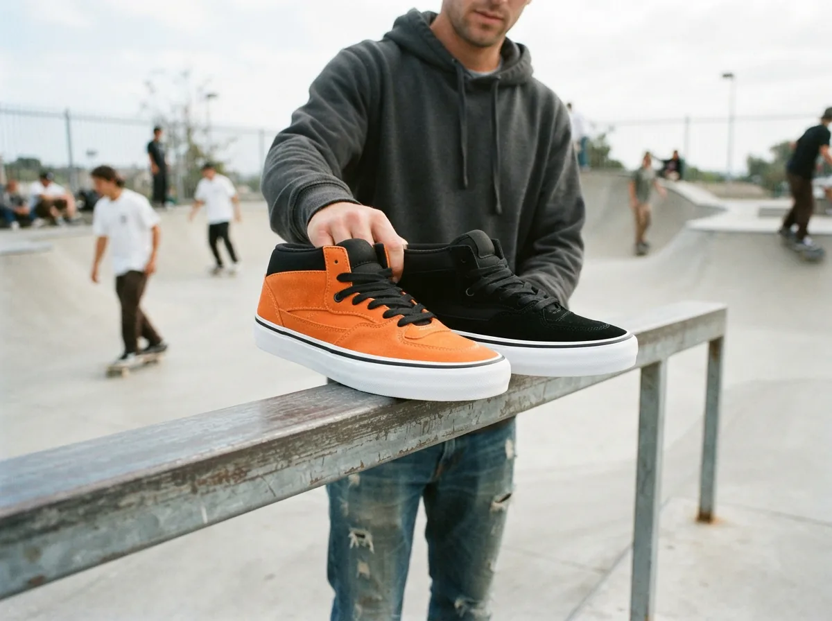Side-by-side comparison of two Supra Vaider sneakers in different colors on a skate park rail.