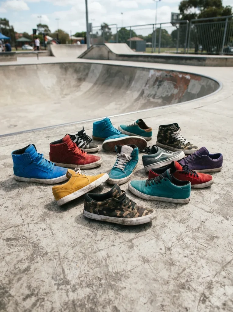 A variety of Supra shoes displayed on a concrete skatepark surface, showcasing different styles and colors.