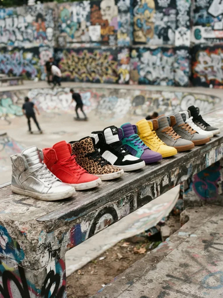 Assortment of Supra Skytop sneakers displayed against a concrete skate park backdrop.