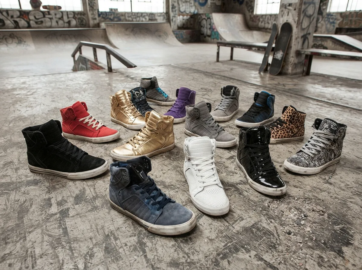 Assortment of Supra Skytop sneakers laid out for comparison on a neutral surface