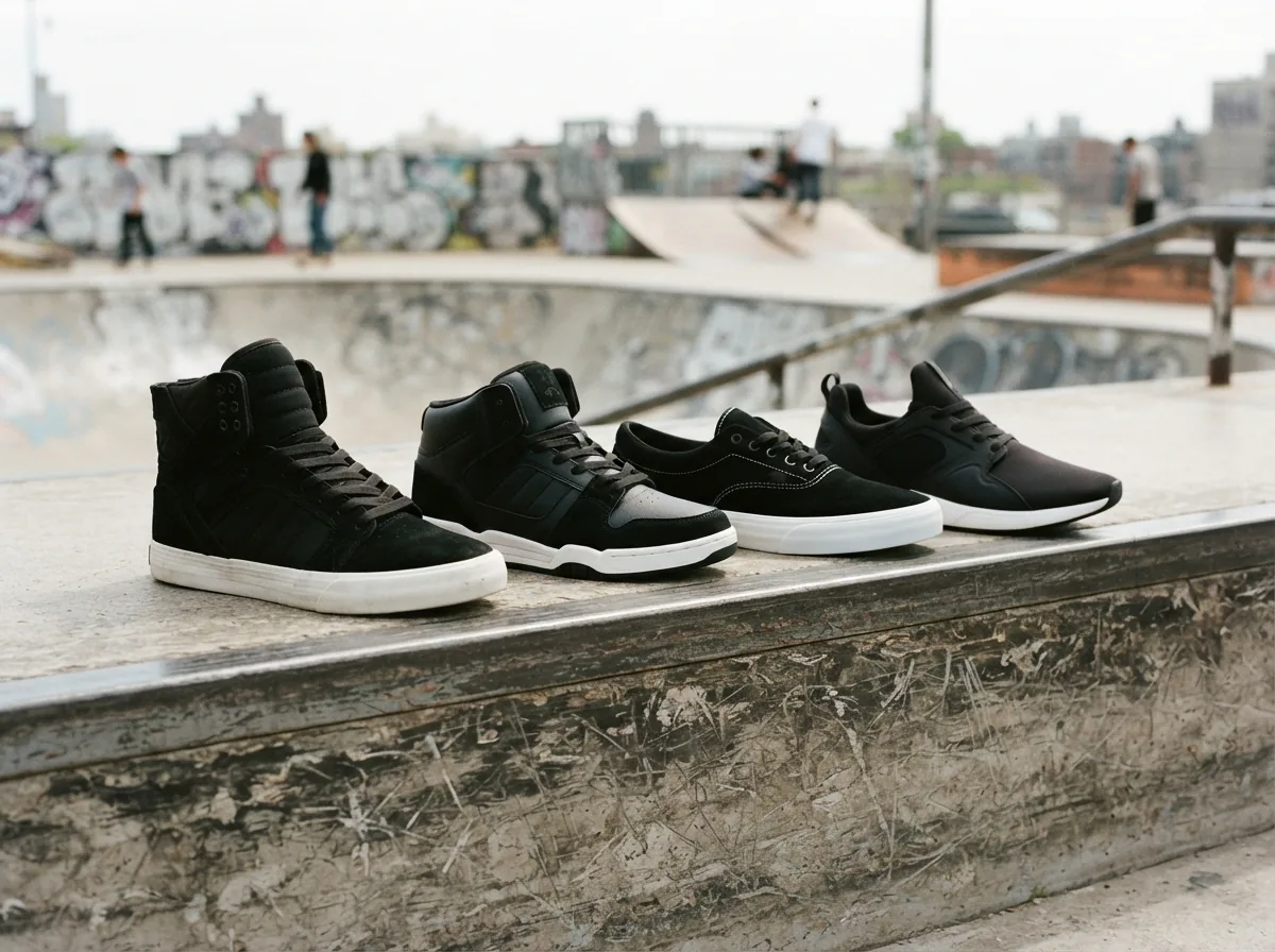 A side-by-side comparison of different black Supra sneaker silhouettes on a concrete skatepark ledge