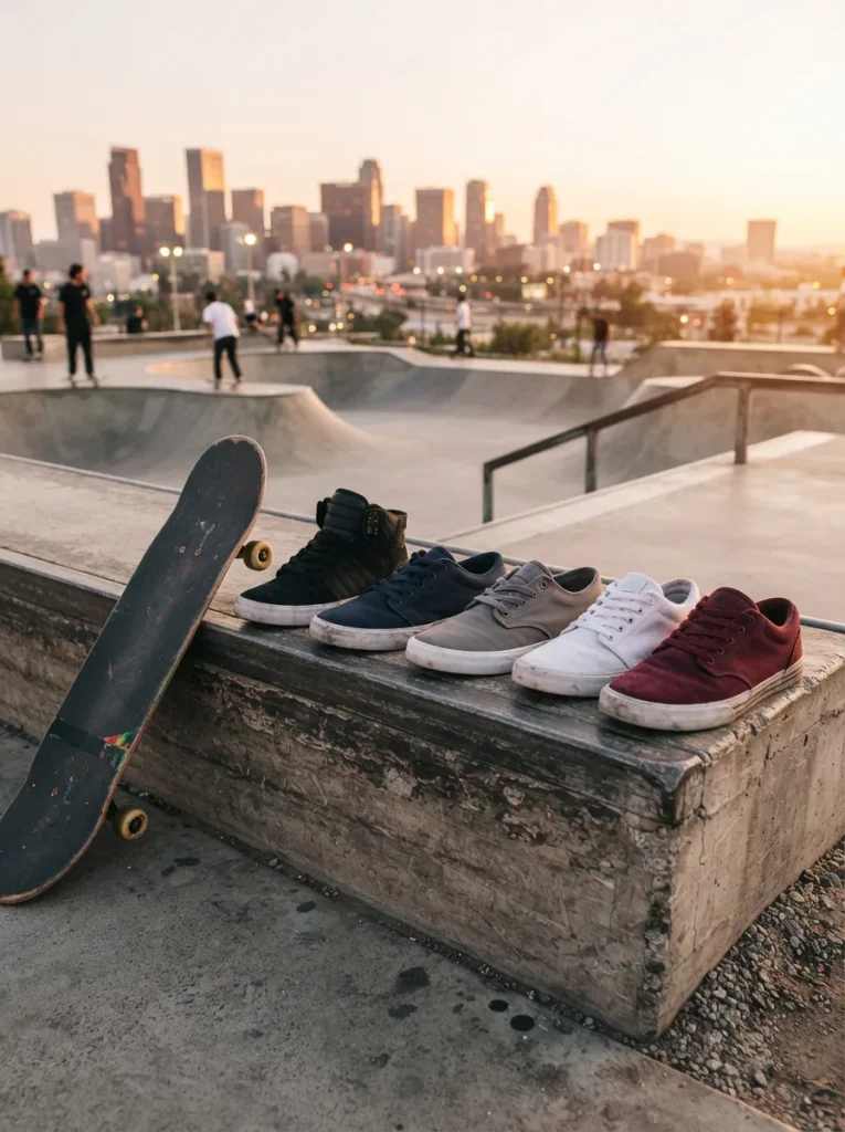 Collection of Supra skate shoes arranged on a concrete skate plaza with urban backdrop.