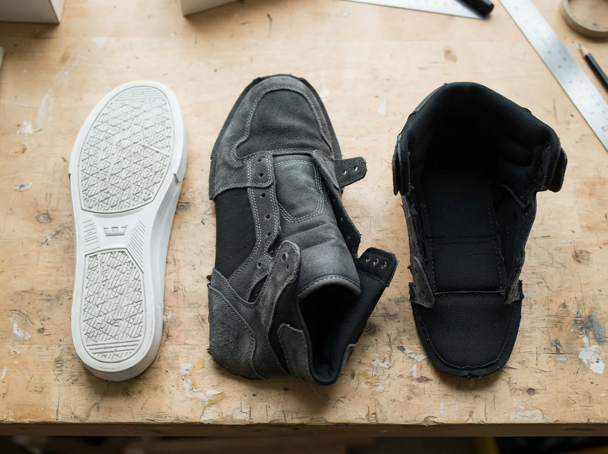 Comparison of Supra Vaider sneaker components including soles, uppers, and collars on a wooden table.