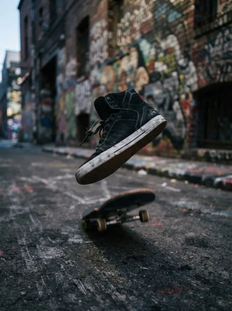A dynamic shot of a single black Supra high-top sneaker mid-kickflip against a blurred urban backdrop