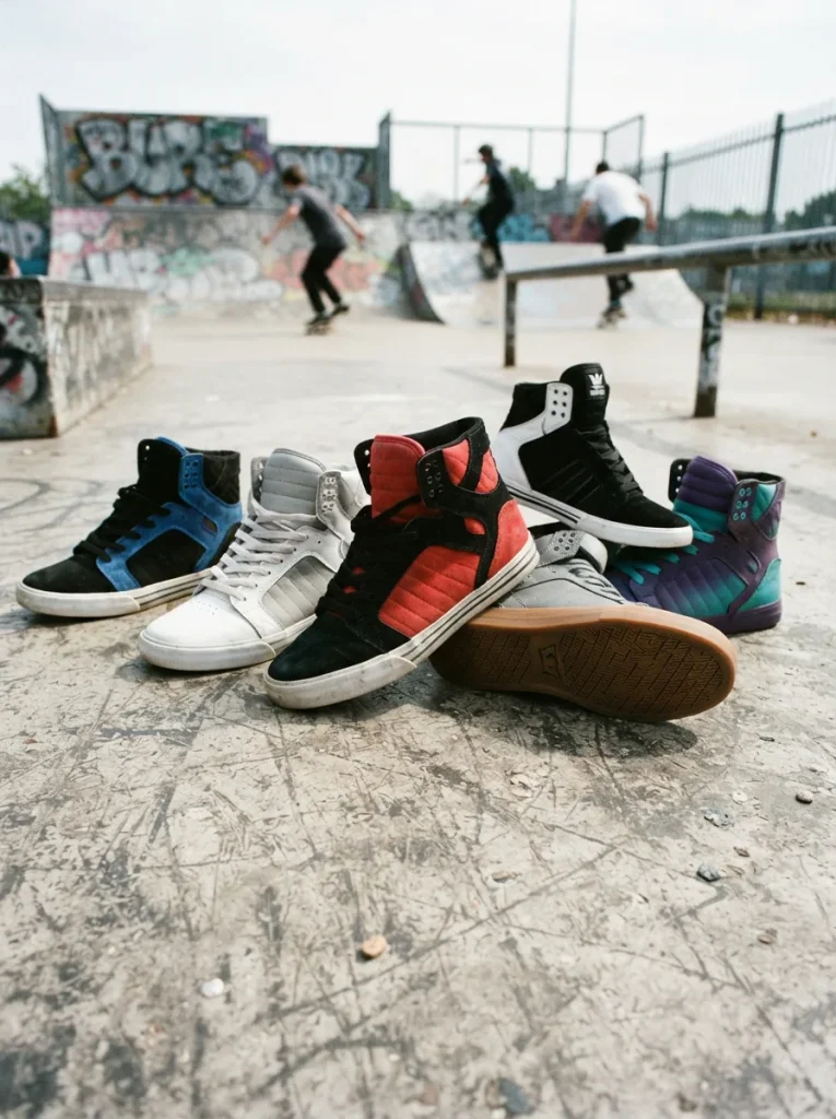 Array of Supra Skytop Vader sneakers in a skate-inspired setting.